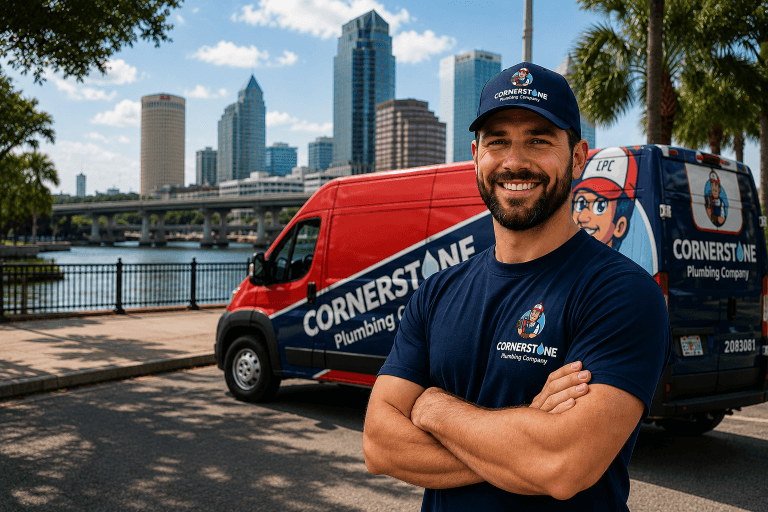 Commercial plumber standing in front of a Cornerstone Plumbing service van providing commercial plumbing services throughout Tampa Bay.