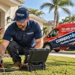 Expert plumber in St. Pete using diagnostic equipment outside a Florida home