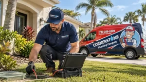 Expert plumber in St. Pete using diagnostic equipment outside a Florida home